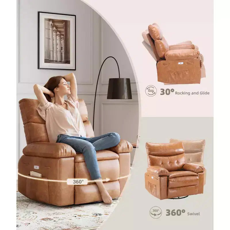 Fauteuil inclinable à bascule surdimensionné pivotant à 360° avec massage réglable, fauteuil confort inclinable en cuir PU pour chambre de bébé, chambre à coucher, salon