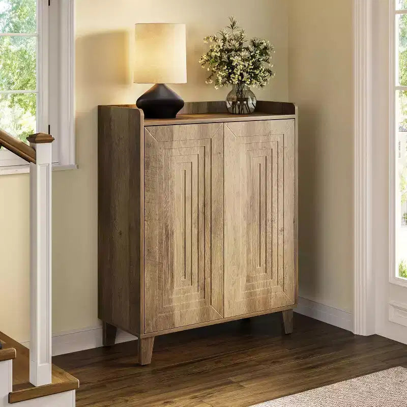 Lantine Shoe Cabinet with Doors & Wood Legs, Farmhouse 5-Tier Shoe Rack Organizer with 4 Adjustable Shelves for Entryway, Foyer, Hallway, Rustic Brown