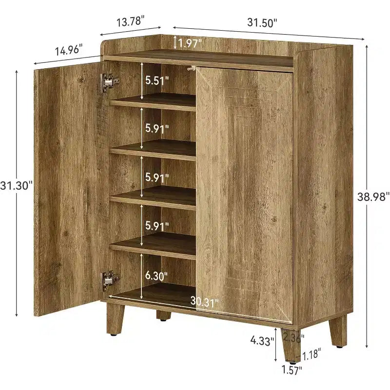 Meuble à chaussures Lantine avec portes et pieds en bois, étagère à chaussures de ferme à 5 niveaux avec 4 étagères réglables pour entrée, foyer, couloir, marron rustique