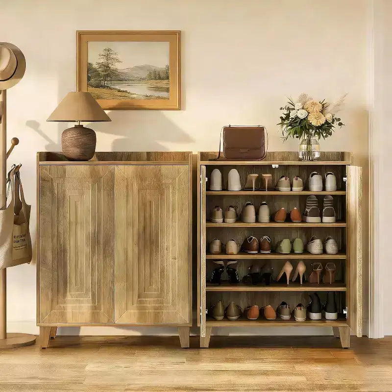 Meuble à chaussures Lantine avec portes et pieds en bois, étagère à chaussures de ferme à 5 niveaux avec 4 étagères réglables pour entrée, foyer, couloir, marron rustique