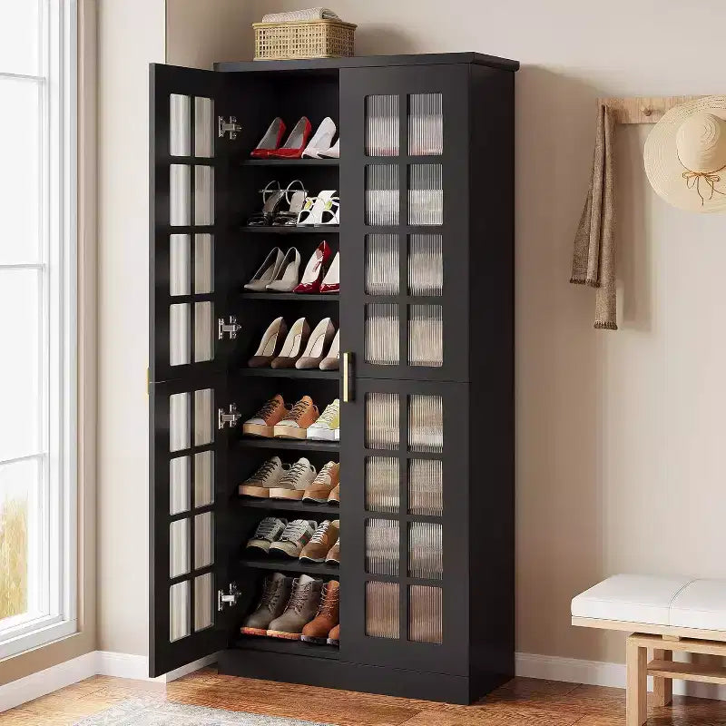 Meuble à chaussures haut Lantine avec portes, rangement à chaussures à 8 niveaux avec étagères réglables, armoire à chaussures moderne pour couloir, placard, salon, blanc