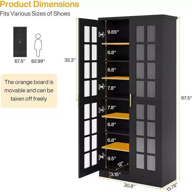 Meuble à chaussures haut Lantine avec portes, rangement à chaussures à 8 niveaux avec étagères réglables, armoire à chaussures moderne pour couloir, placard, salon, blanc