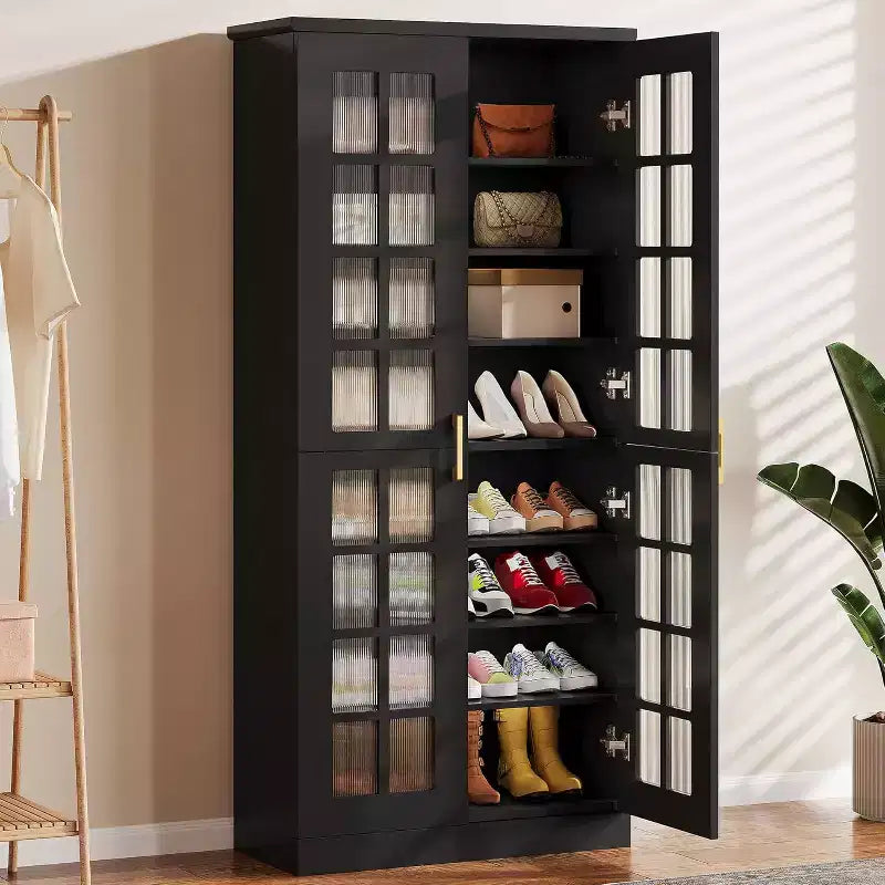 Meuble à chaussures haut Lantine avec portes, rangement à chaussures à 8 niveaux avec étagères réglables, armoire à chaussures moderne pour couloir, placard, salon, blanc