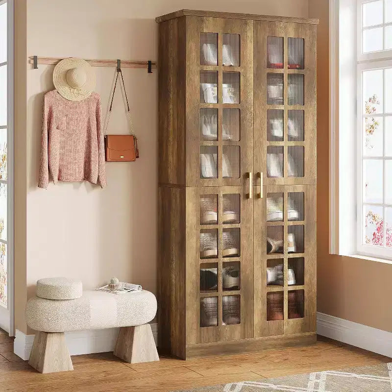 Meuble à chaussures haut Lantine avec portes, rangement à chaussures à 8 niveaux avec étagères réglables, armoire à chaussures moderne pour couloir, placard, salon, blanc