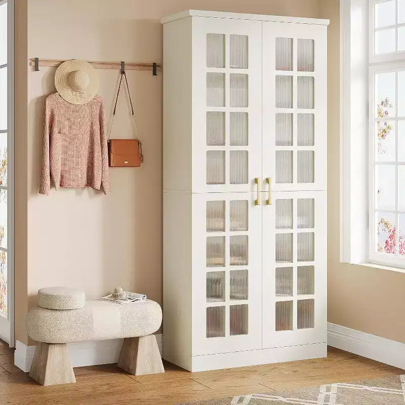 Meuble à chaussures haut Lantine avec portes, rangement à chaussures à 8 niveaux avec étagères réglables, armoire à chaussures moderne pour couloir, placard, salon, blanc