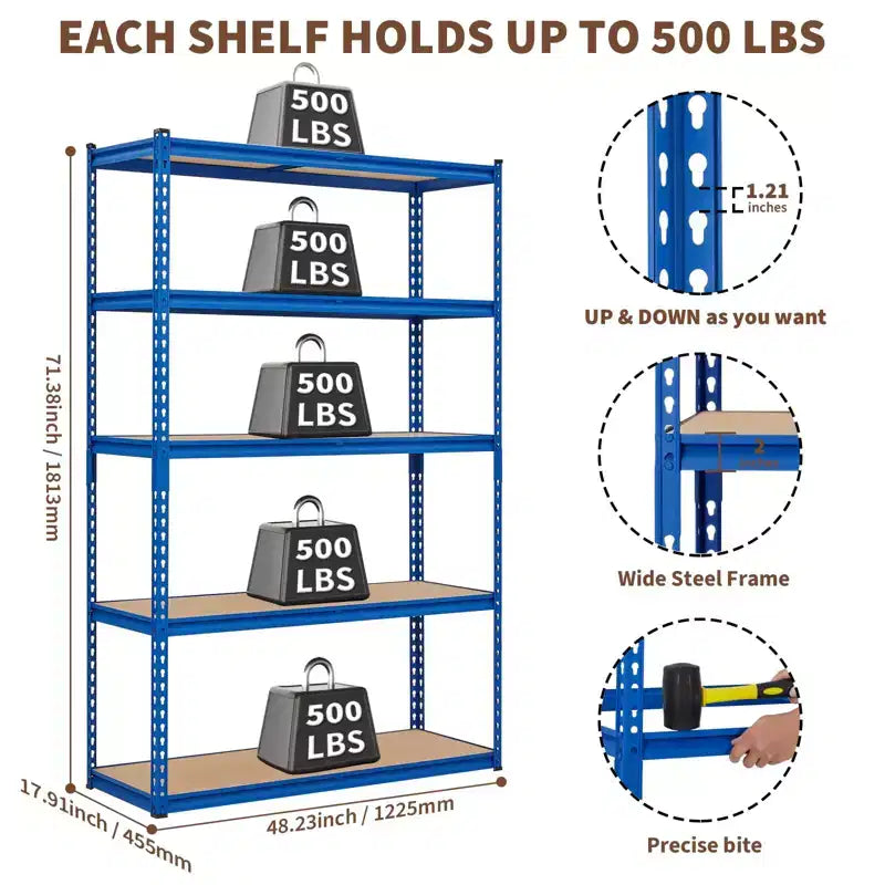Étagères de rangement de garage à 5 niveaux, étagère métallique de 2500 livres pour garage, industrie, entrepôt, cuisine, placard, 60 L x 24 P x 71 H, bleu