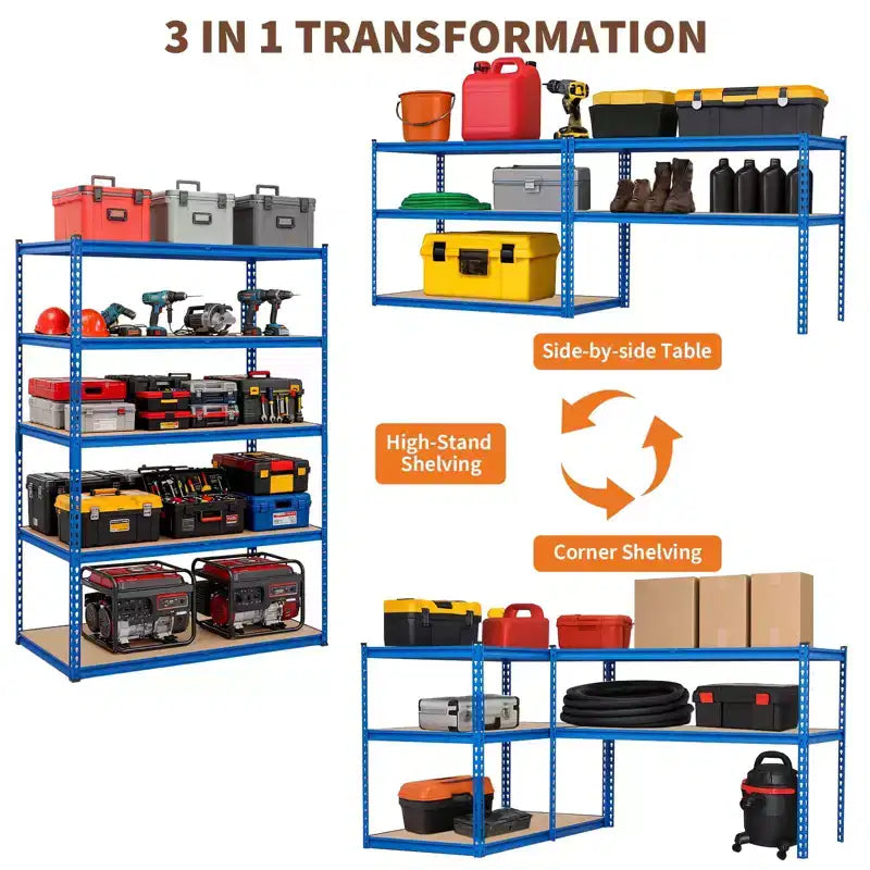 Étagères de rangement de garage à 5 niveaux, étagère métallique de 2500 livres pour garage, industrie, entrepôt, cuisine, placard, 60 L x 24 P x 71 H, bleu
