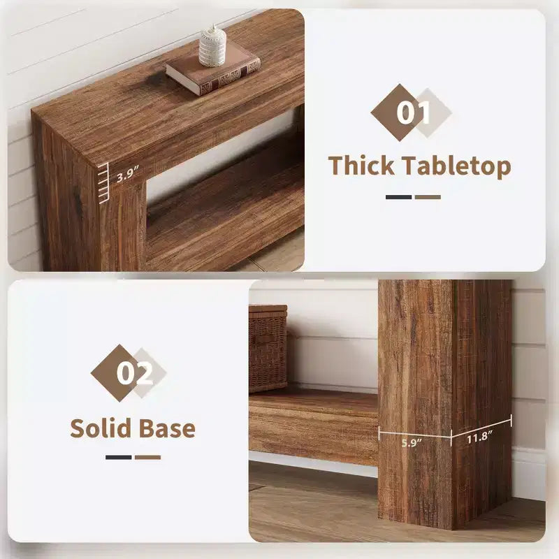 Console de ferme en bois à 2 niveaux avec étagère de rangement, longue table d'appoint pour entrée, salon, couloir et derrière le canapé