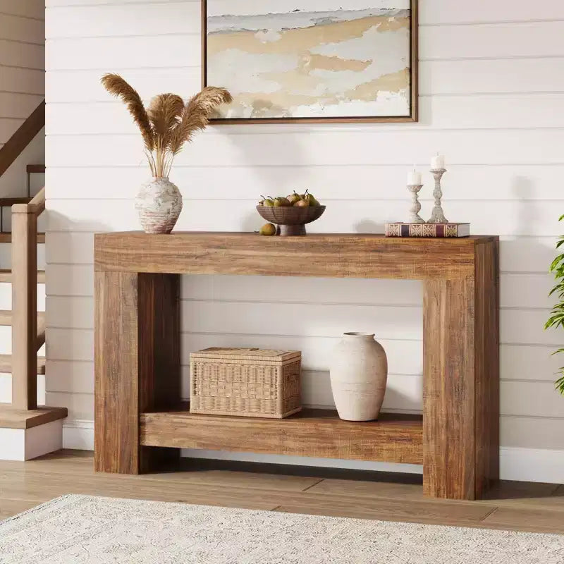 Console de ferme en bois à 2 niveaux avec étagère de rangement, longue table d'appoint pour entrée, salon, couloir et derrière le canapé