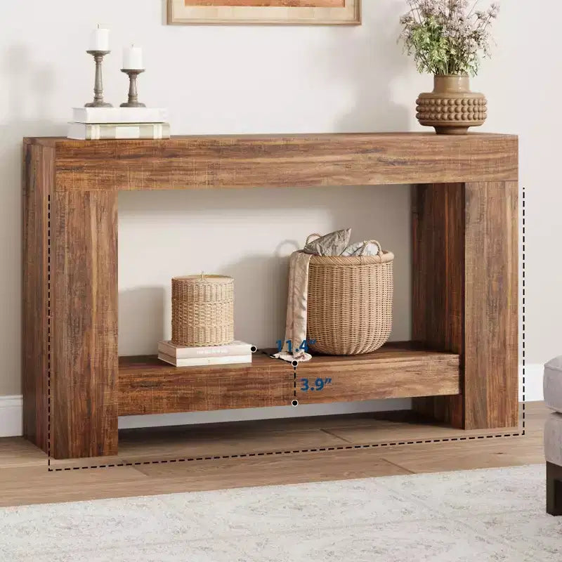 Console de ferme en bois à 2 niveaux avec étagère de rangement, longue table d'appoint pour entrée, salon, couloir et derrière le canapé