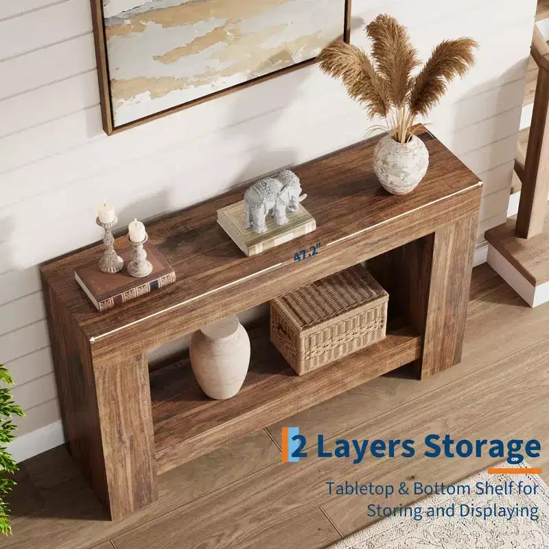 Console de ferme en bois à 2 niveaux avec étagère de rangement, longue table d'appoint pour entrée, salon, couloir et derrière le canapé