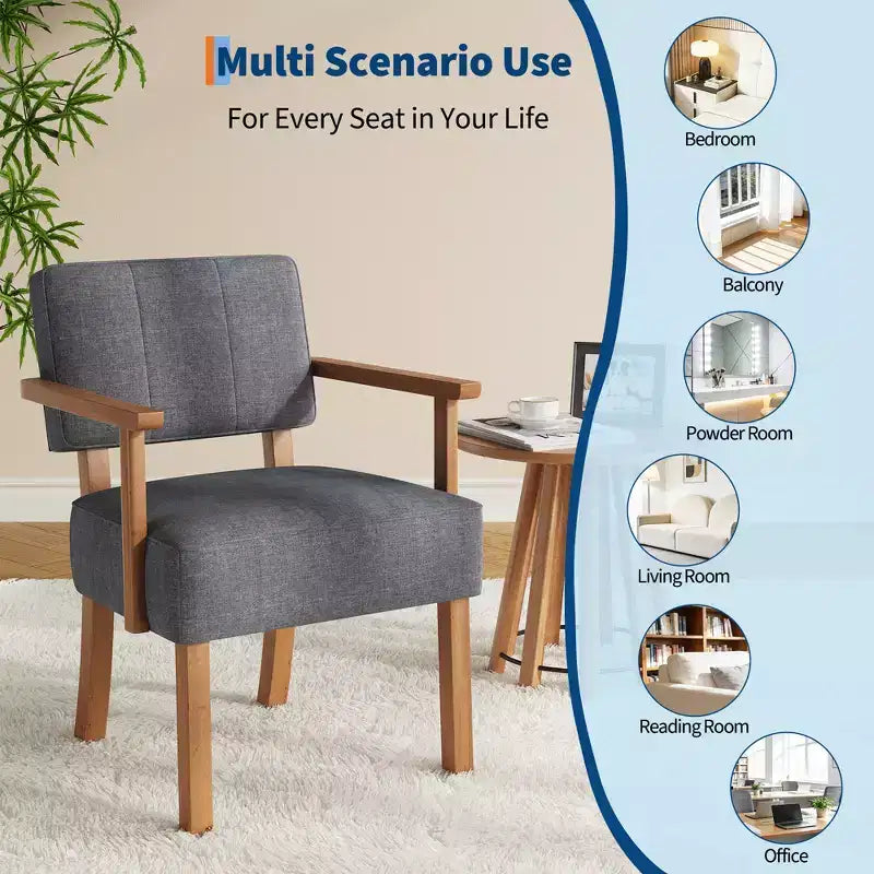 Fauteuil d'appoint en tissu de lin, fauteuil du milieu du siècle moderne à rayures verticales, fauteuil de lecture à cadre en bois pour salon