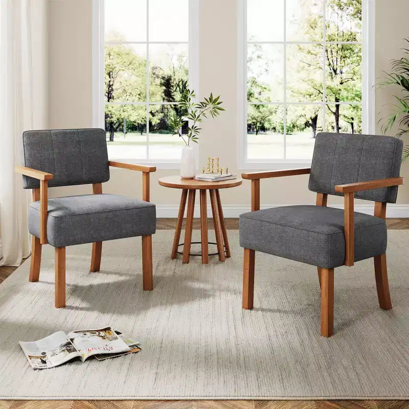 Fauteuil d'appoint en tissu de lin, fauteuil du milieu du siècle moderne à rayures verticales, fauteuil de lecture à cadre en bois pour salon