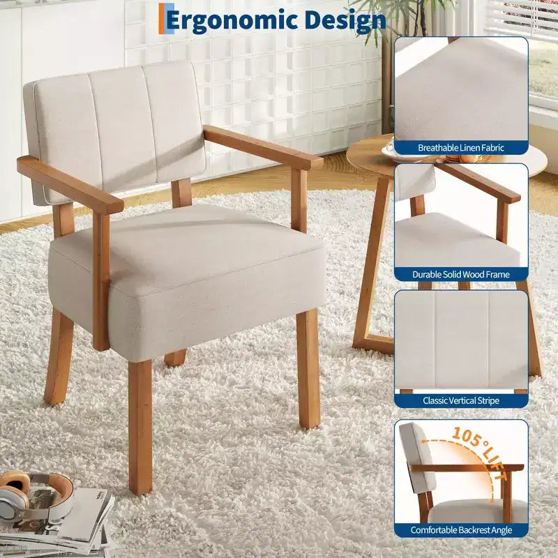 Fauteuil d'appoint en tissu de lin, fauteuil du milieu du siècle moderne à rayures verticales, fauteuil de lecture à cadre en bois pour salon