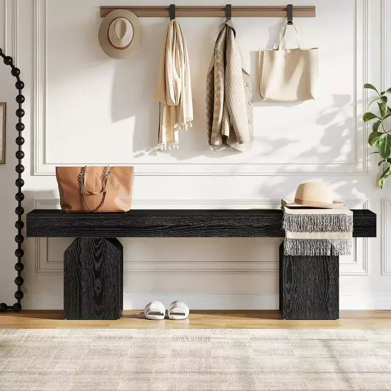 Banc d'entrée Lantine, banc à chaussures noir de 59 pouces de long avec bases arquées, banc d'intérieur en bois pour entrée, salon, chambre à coucher