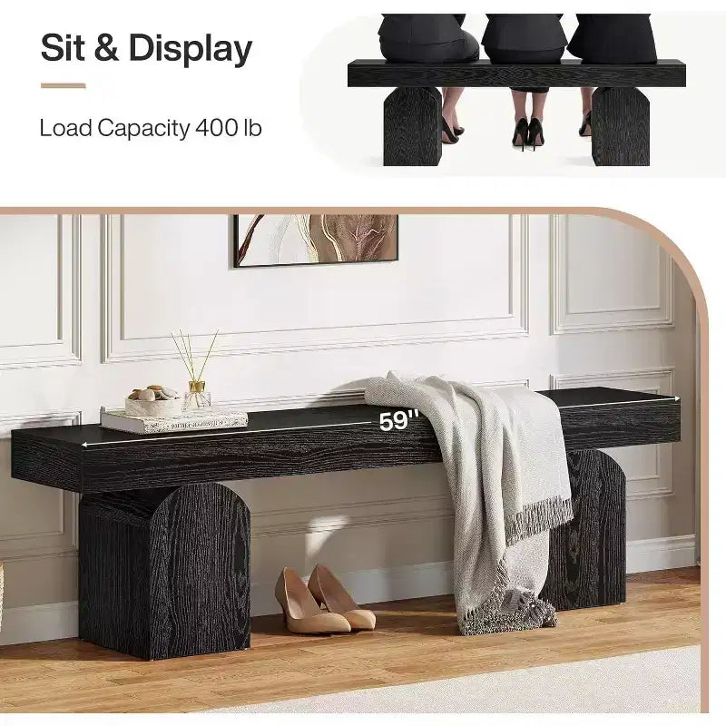 Banc d'entrée Lantine, banc à chaussures noir de 59 pouces de long avec bases arquées, banc d'intérieur en bois pour entrée, salon, chambre à coucher