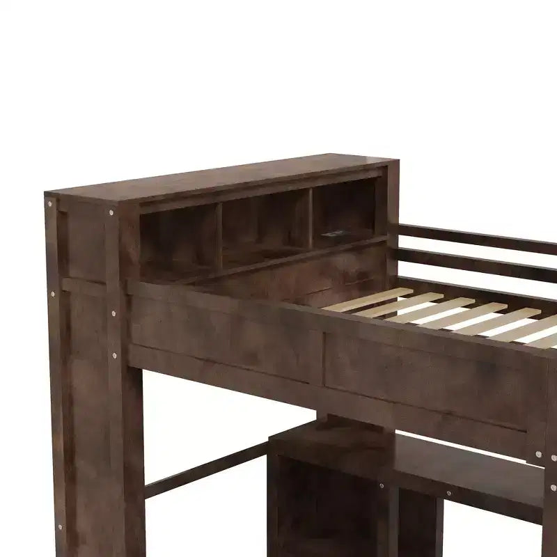Lit mezzanine Whisen Wooden Queen avec armoire et bureau, tête de lit intégrée avec rangement