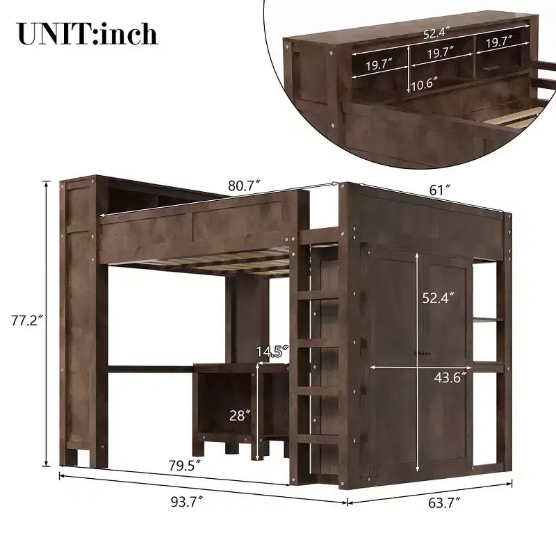 Lit mezzanine Whisen Wooden Queen avec armoire et bureau, tête de lit intégrée avec rangement