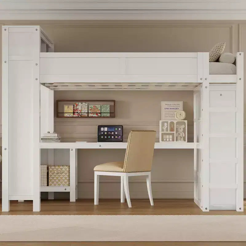 Lit mezzanine Whisen Wooden Queen avec armoire et bureau, tête de lit intégrée avec rangement