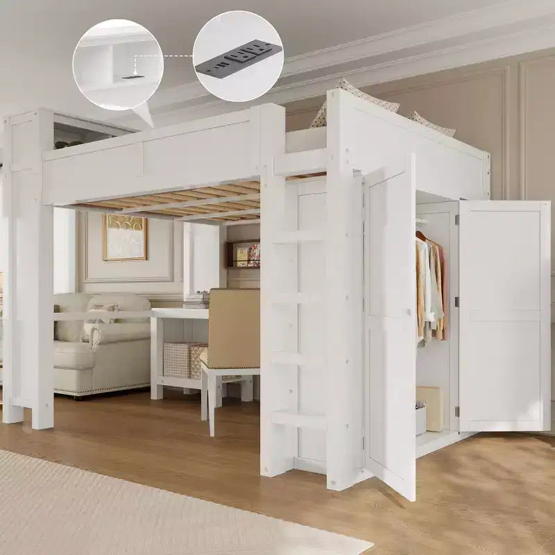 Lit mezzanine Whisen Wooden Queen avec armoire et bureau, tête de lit intégrée avec rangement