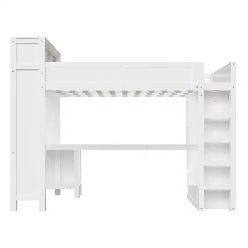 Lit mezzanine Whisen Wooden Queen avec armoire et bureau, tête de lit intégrée avec rangement
