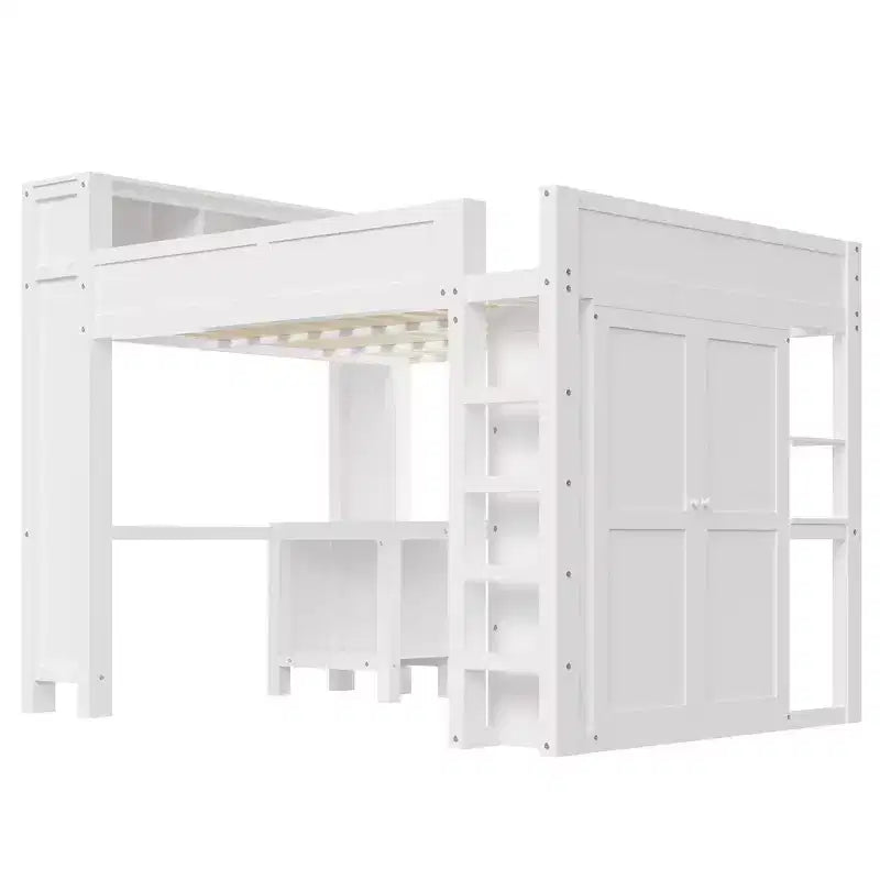 Lit mezzanine Whisen Wooden Queen avec armoire et bureau, tête de lit intégrée avec rangement