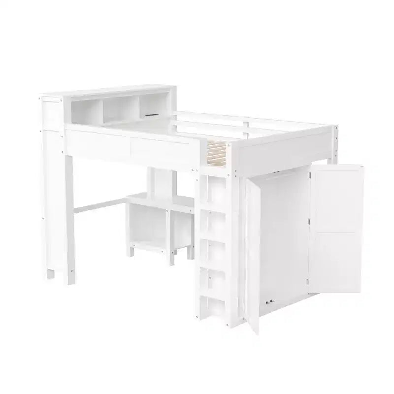 Lit mezzanine Whisen Wooden Queen avec armoire et bureau, tête de lit intégrée avec rangement
