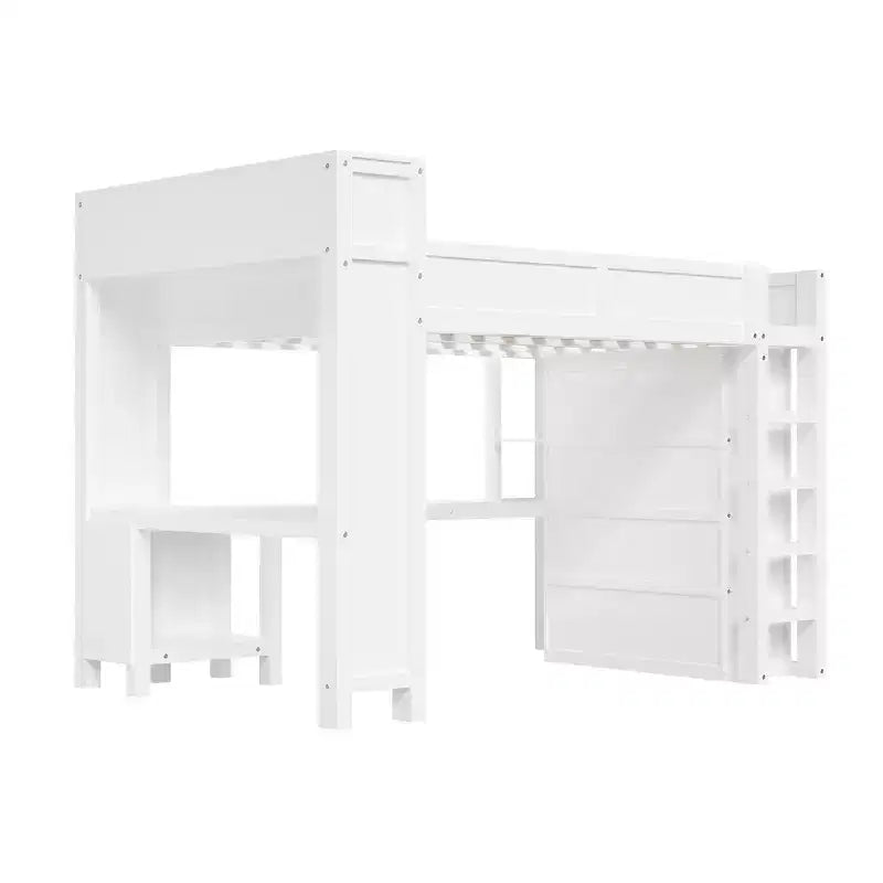 Lit mezzanine Whisen Wooden Queen avec armoire et bureau, tête de lit intégrée avec rangement