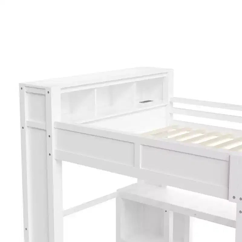 Lit mezzanine Whisen Wooden Queen avec armoire et bureau, tête de lit intégrée avec rangement