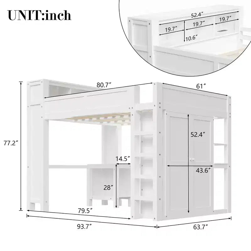 Lit mezzanine Whisen Wooden Queen avec armoire et bureau, tête de lit intégrée avec rangement