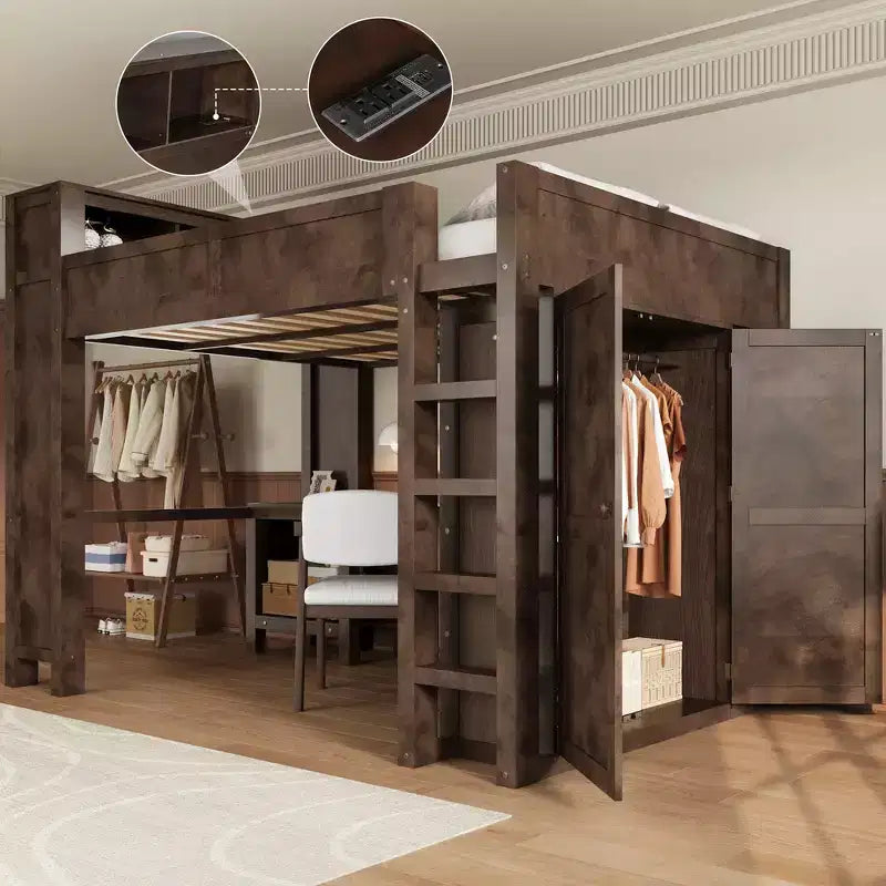 Lit mezzanine Whisen Wooden Queen avec armoire et bureau, tête de lit intégrée avec rangement