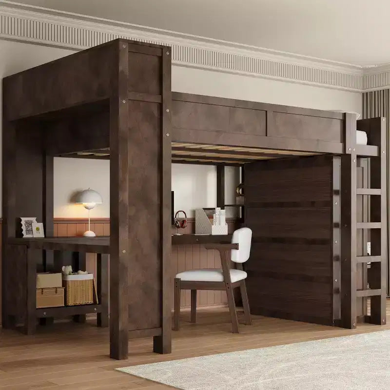 Lit mezzanine Whisen Wooden Queen avec armoire et bureau, tête de lit intégrée avec rangement