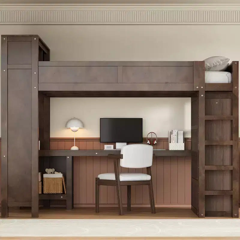 Lit mezzanine Whisen Wooden Queen avec armoire et bureau, tête de lit intégrée avec rangement
