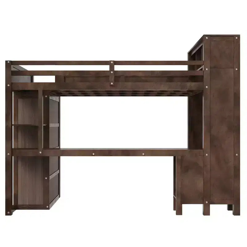 Lit mezzanine Whisen Wooden Queen avec armoire et bureau, tête de lit intégrée avec rangement