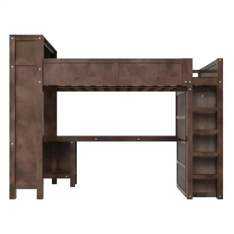 Lit mezzanine Whisen Wooden Queen avec armoire et bureau, tête de lit intégrée avec rangement