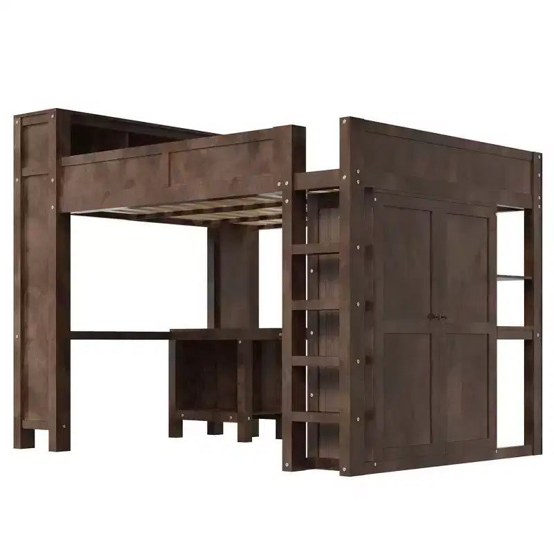 Lit mezzanine Whisen Wooden Queen avec armoire et bureau, tête de lit intégrée avec rangement