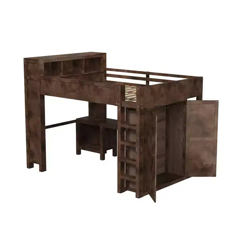 Lit mezzanine Whisen Wooden Queen avec armoire et bureau, tête de lit intégrée avec rangement