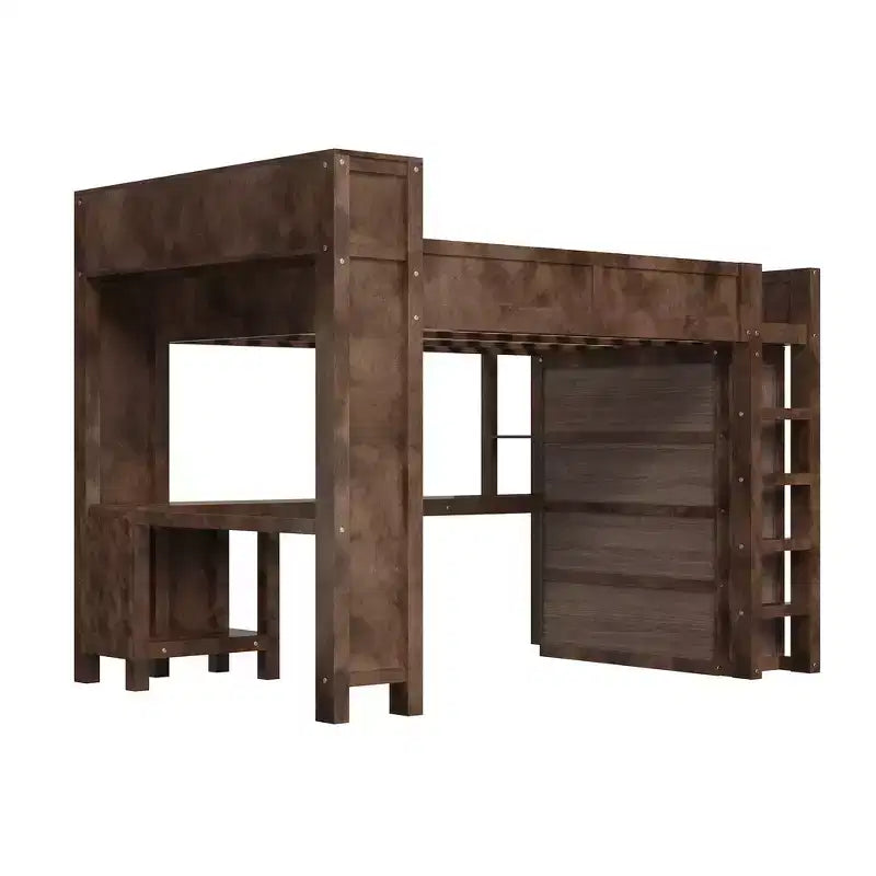 Lit mezzanine Whisen Wooden Queen avec armoire et bureau, tête de lit intégrée avec rangement