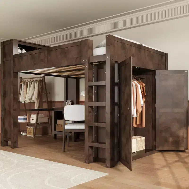 Whisen Wooden Queen Loft Bed Frame with Wardrobe and Desk, Built-In Headboard with Storage