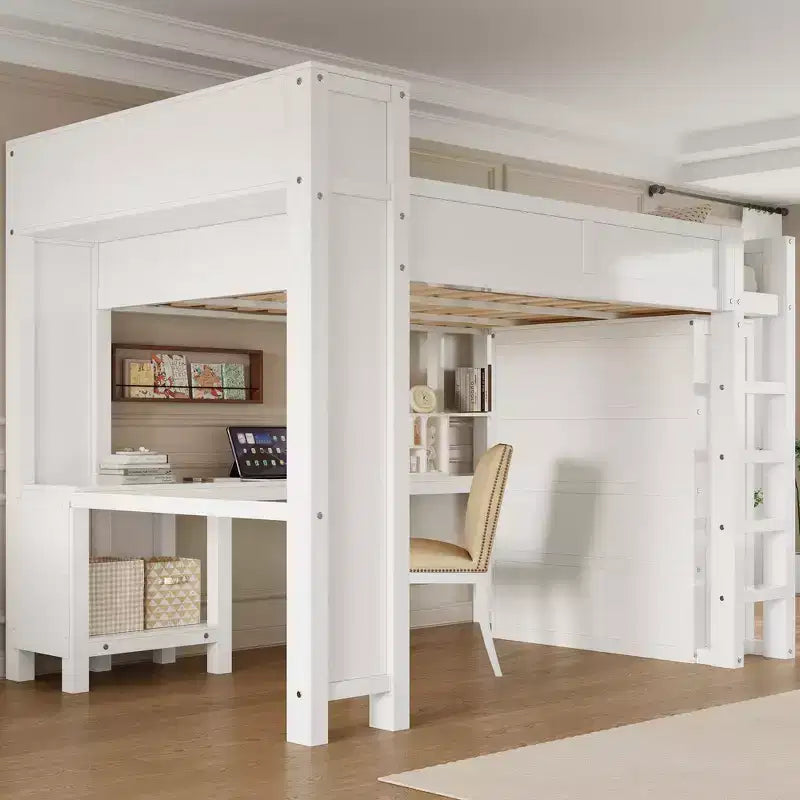 Lit mezzanine Whisen Wooden Queen avec armoire et bureau, tête de lit intégrée avec rangement