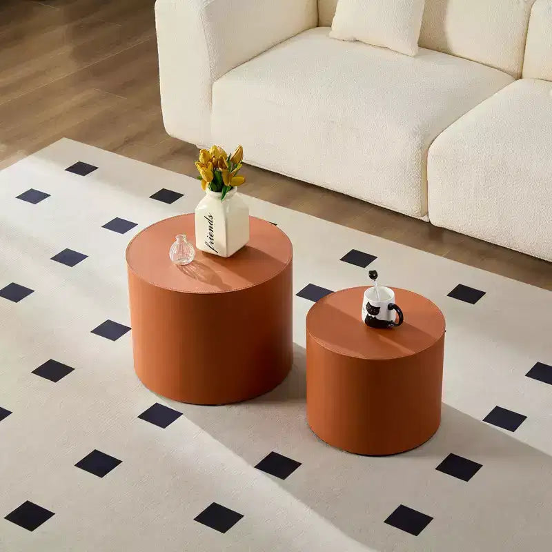 GDFStudio Ediva – Ensemble de 2 tables d'appoint modernes en cuir selle et bois
