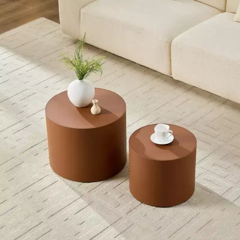 GDFStudio Ediva – Ensemble de 2 tables d'appoint modernes en cuir selle et bois