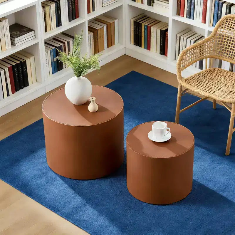 GDFStudio Ediva – Ensemble de 2 tables d'appoint modernes en cuir selle et bois