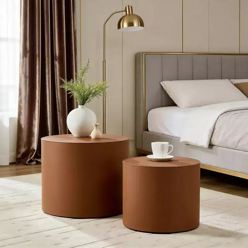 GDFStudio Ediva – Ensemble de 2 tables d'appoint modernes en cuir selle et bois