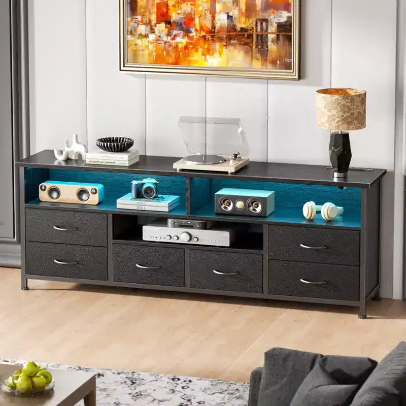 Qwatto 55 Inch Black TV Stand Dresser with Charging Station LED Lights 6 Fabric Drawers Entertainment Center for TVs up to 60 Inch Media Console