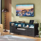 Meuble TV Qwatto noir de 55 pouces avec station de charge, lumières LED, 6 tiroirs en tissu, centre de divertissement pour téléviseurs jusqu'à 60 pouces, console multimédia