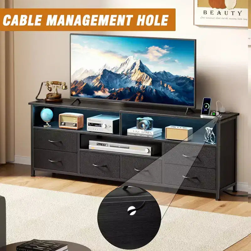 Meuble TV Qwatto noir de 55 pouces avec station de charge, lumières LED, 6 tiroirs en tissu, centre de divertissement pour téléviseurs jusqu'à 60 pouces, console multimédia