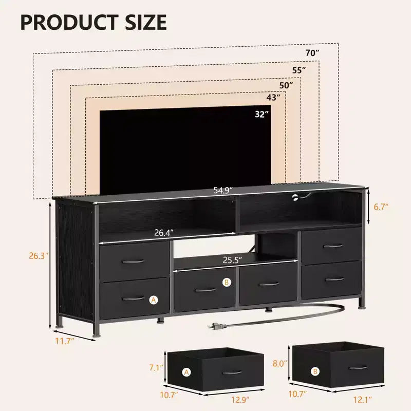 Meuble TV Qwatto noir de 55 pouces avec station de charge, lumières LED, 6 tiroirs en tissu, centre de divertissement pour téléviseurs jusqu'à 60 pouces, console multimédia