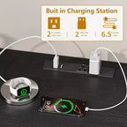 Meuble TV Qwatto noir de 55 pouces avec station de charge, lumières LED, 6 tiroirs en tissu, centre de divertissement pour téléviseurs jusqu'à 60 pouces, console multimédia