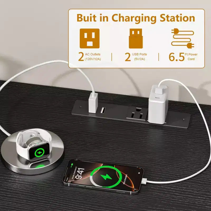 Meuble TV Qwatto noir de 55 pouces avec station de charge, lumières LED, 6 tiroirs en tissu, centre de divertissement pour téléviseurs jusqu'à 60 pouces, console multimédia